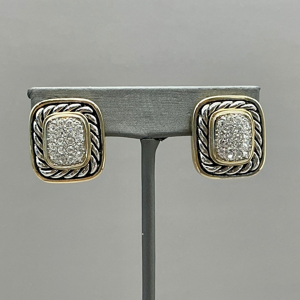 Clip On Earrings Women Gold Silver Two Tone Rope Border Rhinestone Pave Square